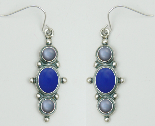 Sterling Silver Drop Dangle Earrings With Blue Onyx And Grey Moonstone